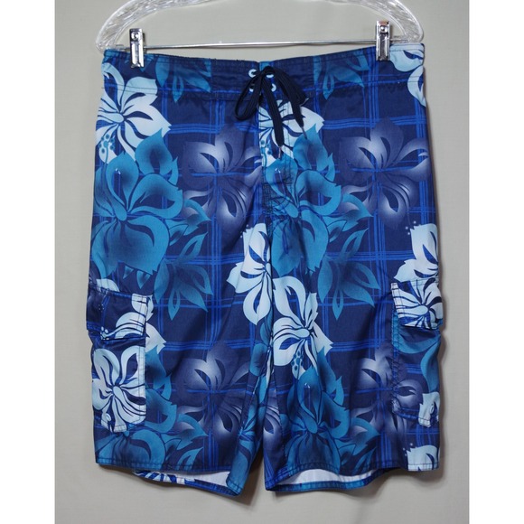 Hang Ten Other - Hang Ten Men's Medium Blue Hibiscus Floral Plaid Cargo Swim Trunks Board Shorts